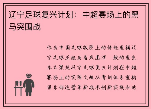 辽宁足球复兴计划：中超赛场上的黑马突围战